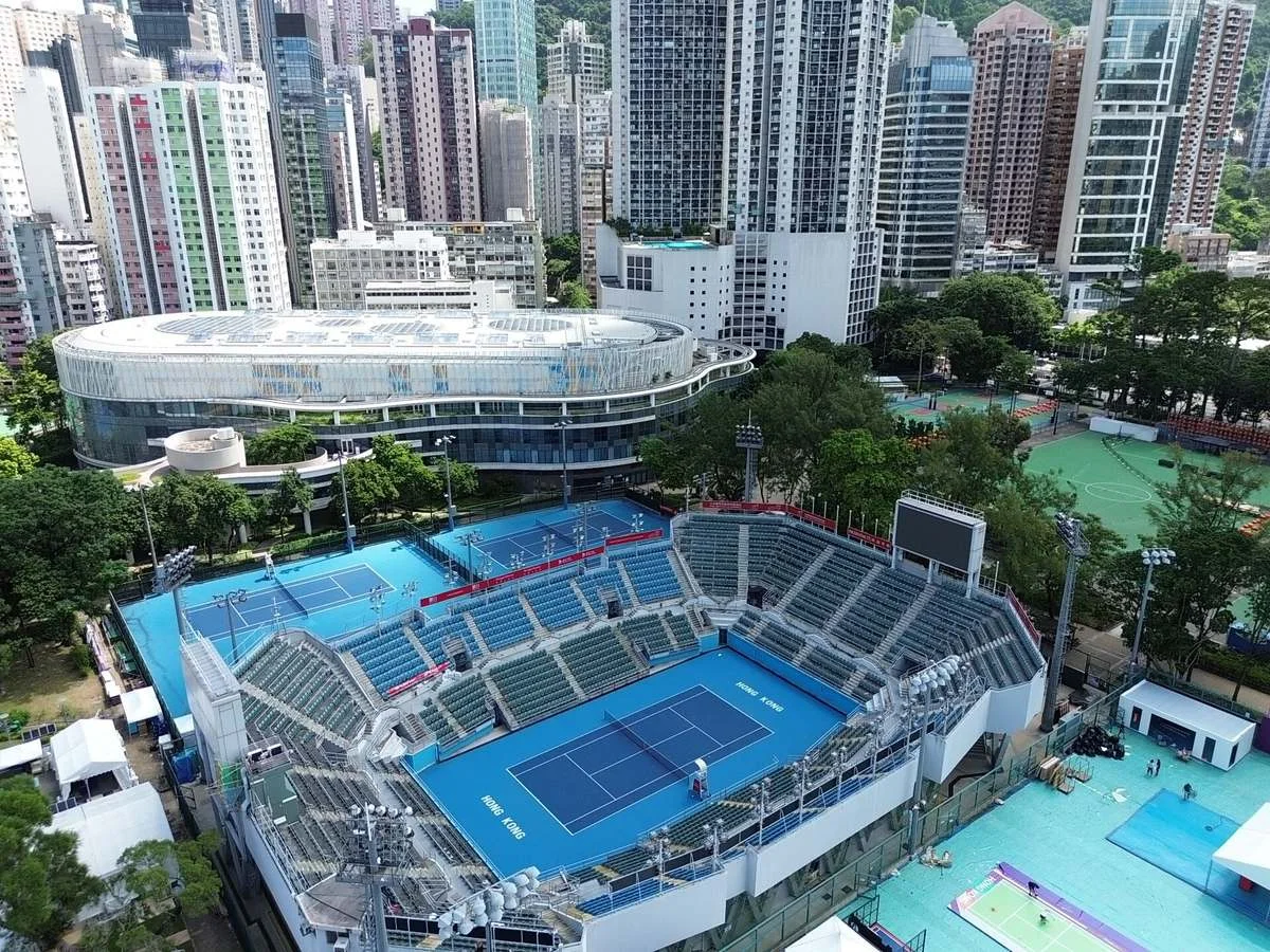 Aerial view of the Victoria Park Tennis Stadium centre court in Causeway Bay with the swimming pool complex behind