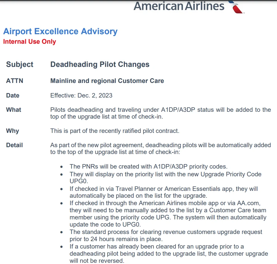 American Airlines December 2023 memo explaining deadheading pilot upgrade priority and protection for already-cleared customer upgrades
