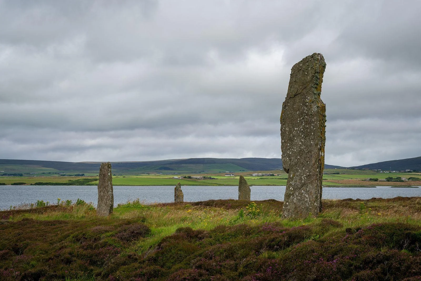Standing stones of the Ring of Brodgar on heather moorland beside a loch in Orkney under grey skies