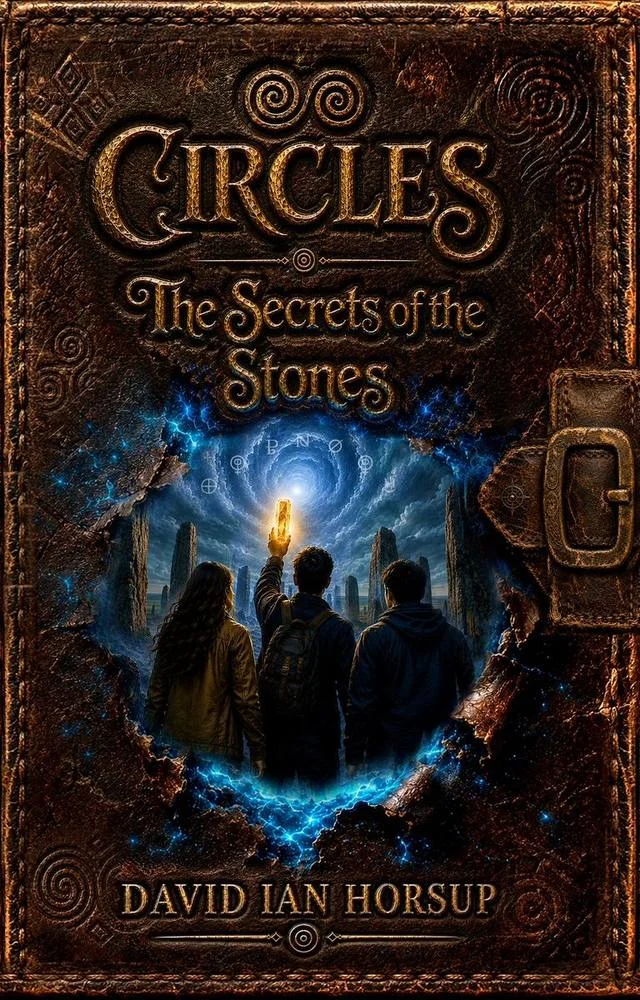 Book cover of Circles The Secrets of the Stones by David Ian Horsup, three teenagers facing a glowing portal among standing stones