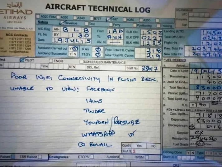 Etihad technical-log image circulated in 2015, listing Facebook, Tinder, porn sites and company email in a complaint about cockpit Wi-Fi