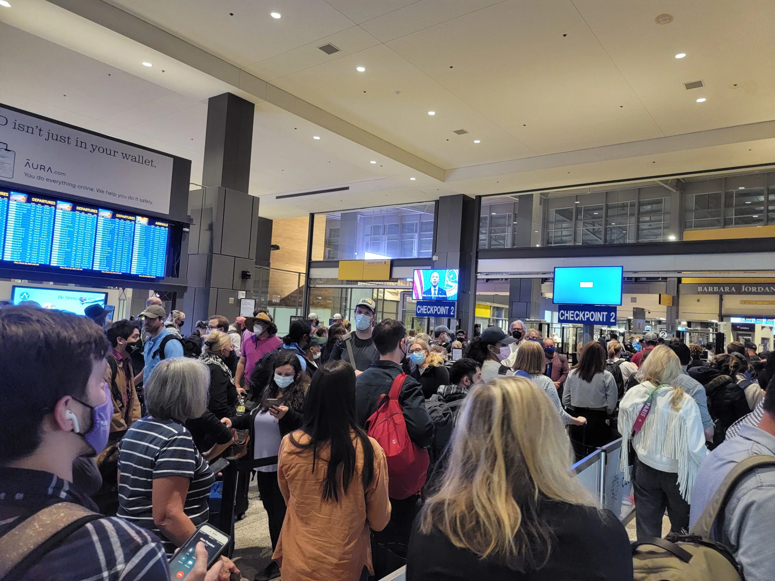 Crowded security queue at Austin airport in March 2022